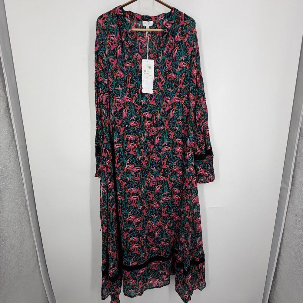 Escada Fantasy Bird Print Lace Trim Long Sleeve Maxi Dress Size 44 NWT